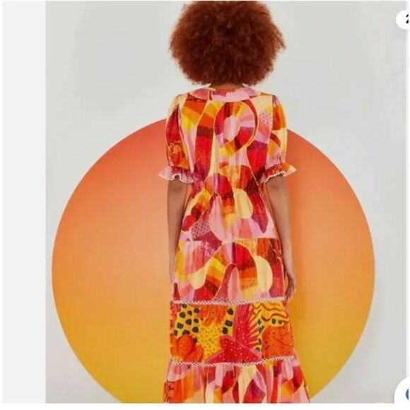 FARM RIO Patch Twirl Midi Dress Puff Sleeve Sz M Multicolor Drawstring Tie Neck - Picture 2 of 15